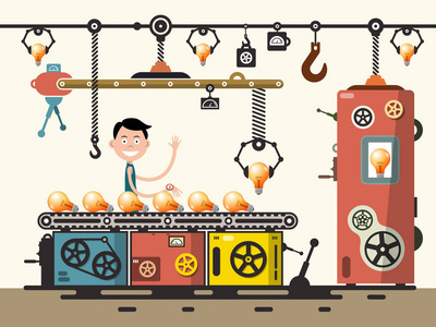 工業(yè)輪胎配件設備輸送機平面卡通矢量插圖中的人物性格工作工廠輸送機